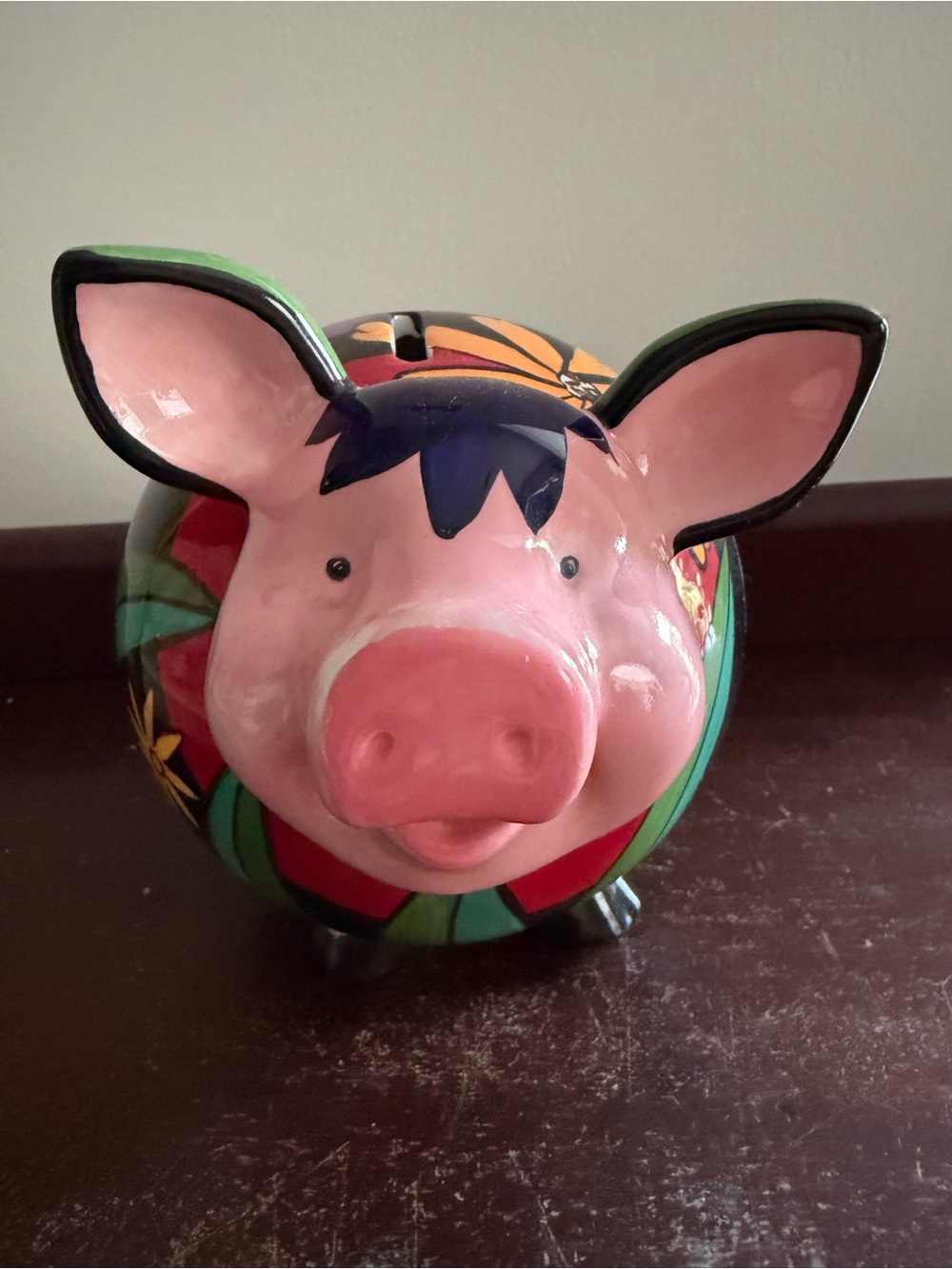 Hand-Painted Pink Piggy Bank with Floral Accents